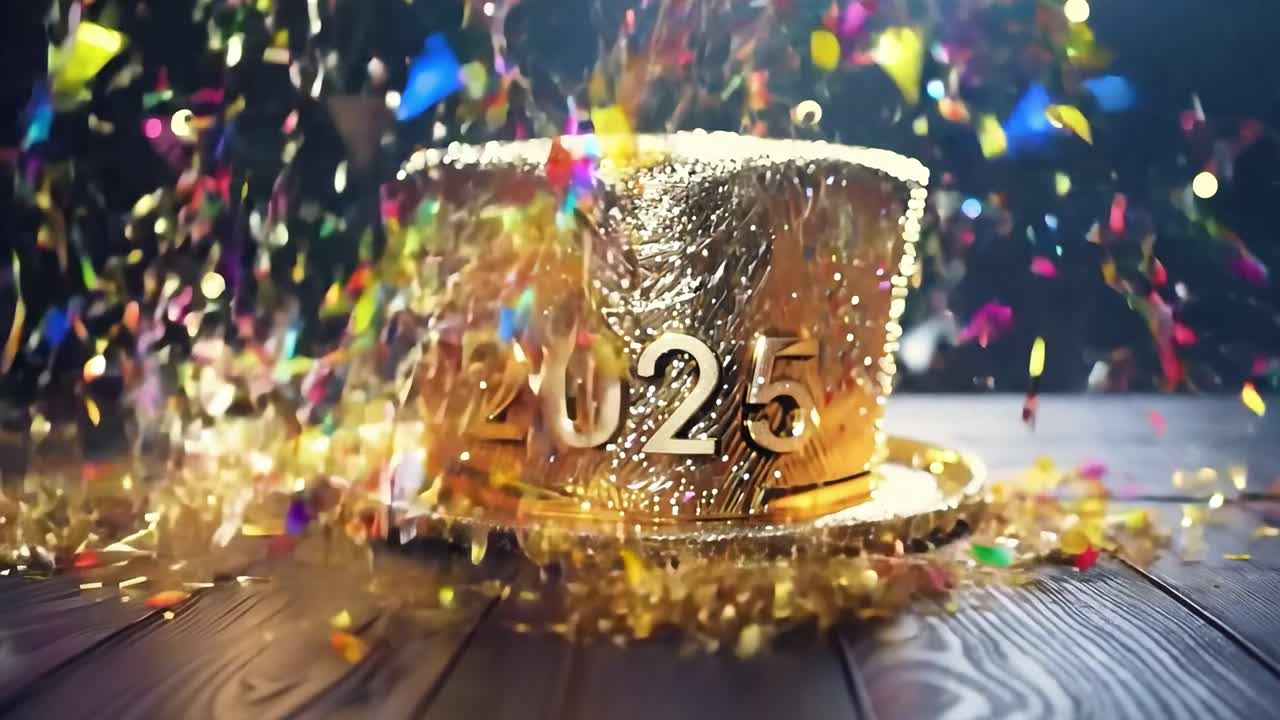 ¡feliz año nuevo 2025! sombrero dorado con confeti