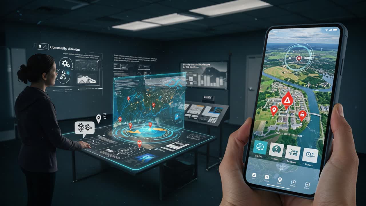 Advanced Technological Interface for Community Monitoring and Alerts: A User Interacting with Augmented Reality Data on a Smartphone and Interactive Display
