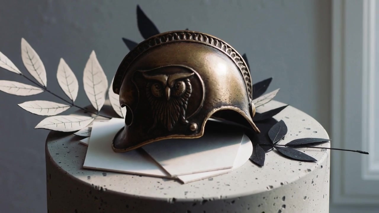 Cámara paneando un casco de bronce giratorio en un soporte, revelando un motivo de búho, con un papel junto a la ventana mostrando pátina.