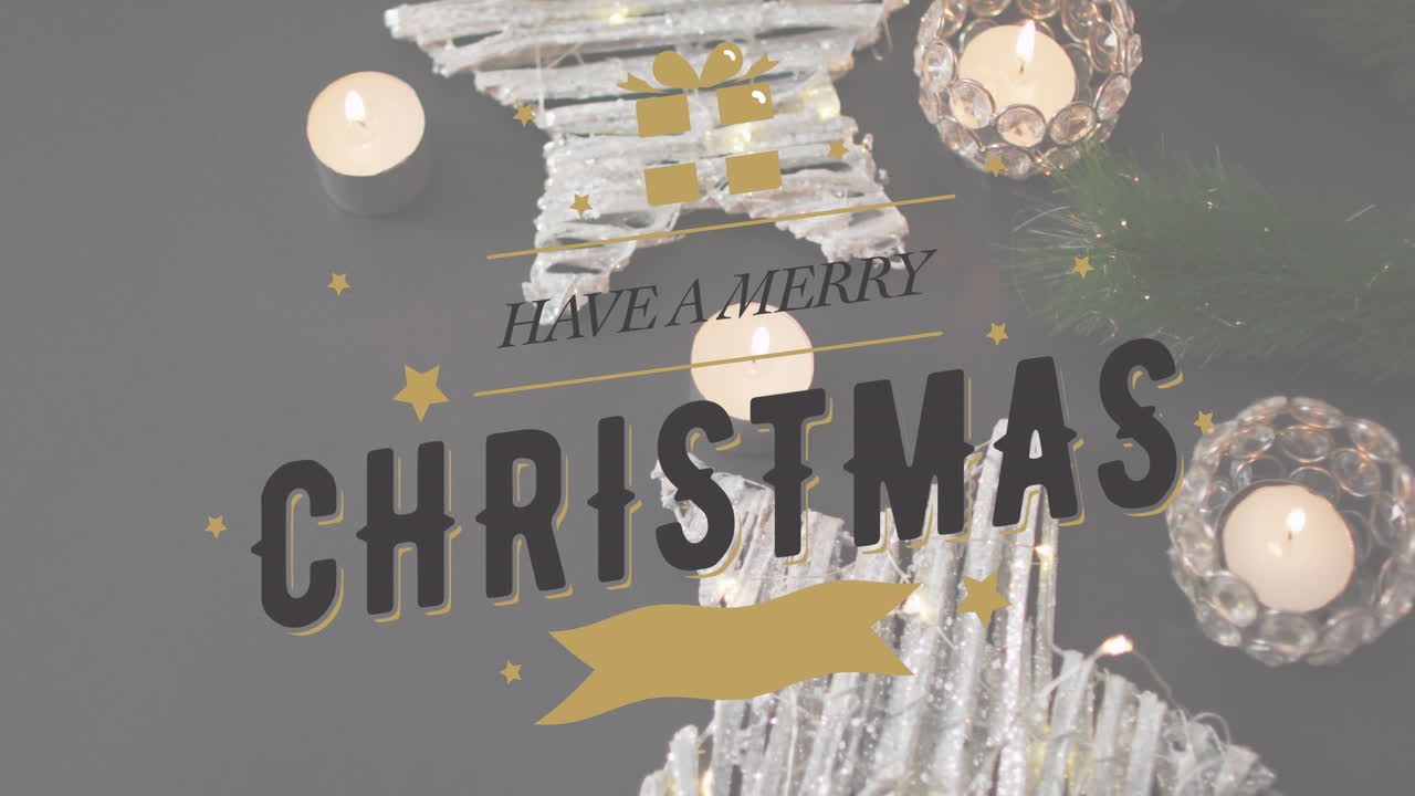 animación de tener un feliz texto de navidad y decoraciones de navidad en la mesa