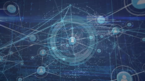 animation of network of connections with icons over data processing
