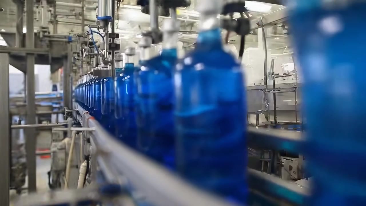 Blue Liquid Bottles Moving on Industrial Conveyor Belt