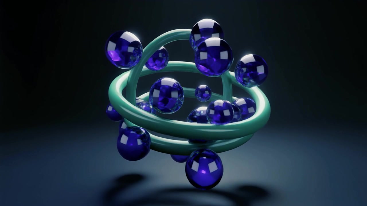 Animazione 3D astratta di sfere rotanti e anelli interconnessi