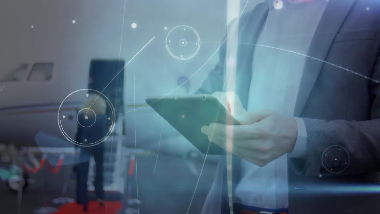 태블릿을 사용하는 코카시안 사업가에 대한 데이터 처리 애니메이션