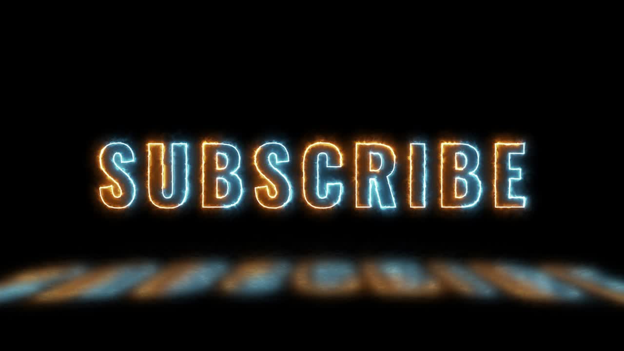 Thin line text 'SUBSCRIBE' with orange and blue lights with reflections on a dark background. Simple seamless loop animated text. 4k typography motion graphic