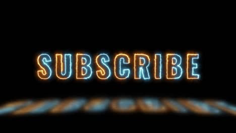 texto de línea delgada'suscribirse' con luces naranjas y azules con reflejos en un fondo oscuro. texto animado de bucle sin costuras simple. tipografía 4k gráfico de movimiento