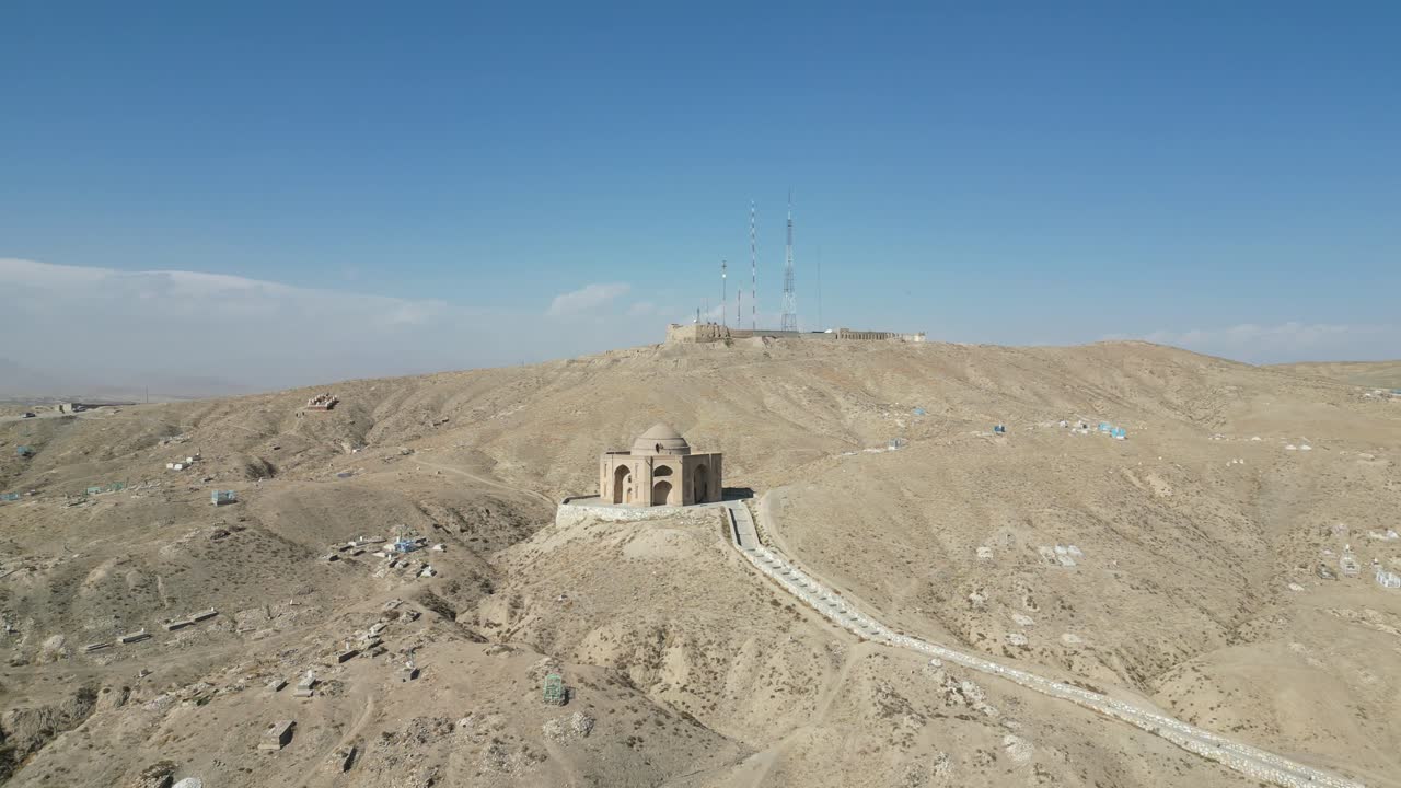 Mausoleum of Shah Shahid near Ghazni Medieval Fortress Aerial drone View in desert buildings Skyline, Afghanistan