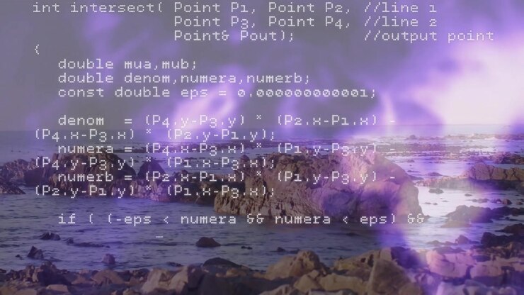 Animation overlaying computer code on rocky coastline with purple sky backdrop