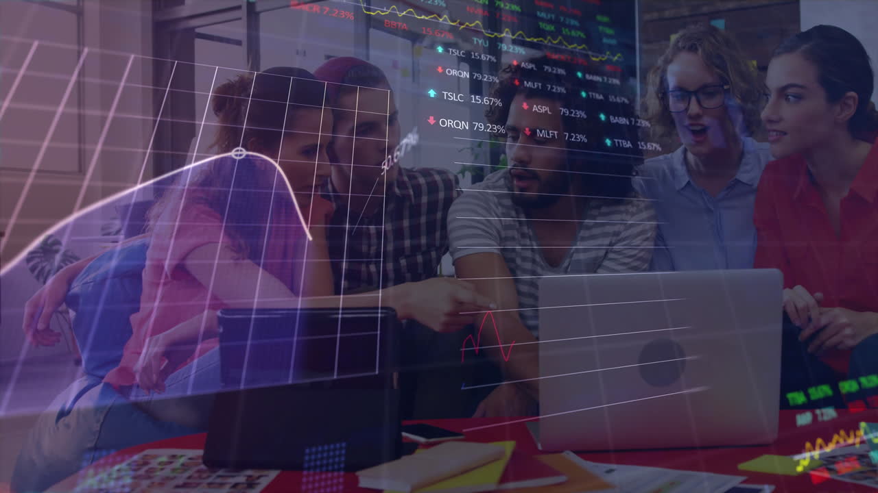 Animation of financial data processing over diverse colleagues discussing work in office