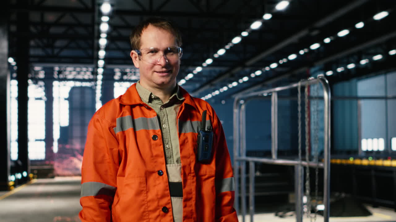 Portrait of industry worker on factory floor surrounded by machinery