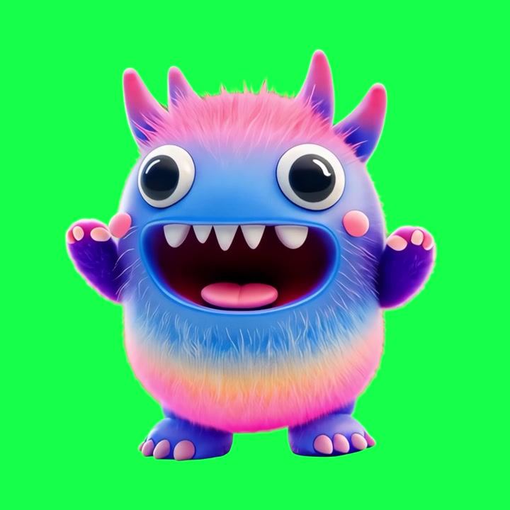 Personaggio mostro animato, colorato e peloso in piedi su green screen