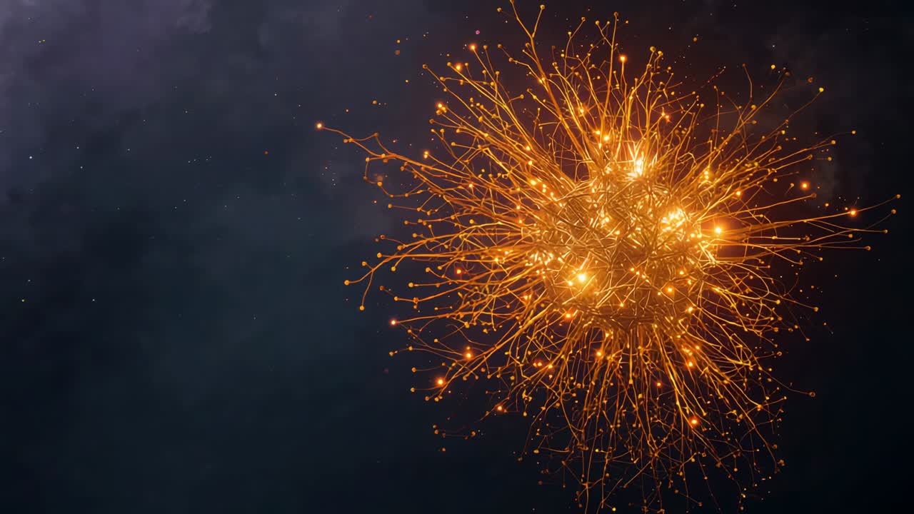 Emitting golden core revealing branching filaments and sparks rotating in cosmic void