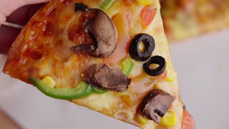 Vegetarian-pizza-with-olive,-mushroom,-green-paprika,-tomato,-and-corn