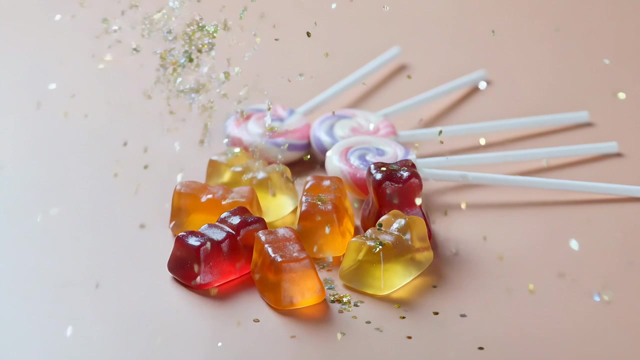 Glitter che cade e si deposita su un tavolo rosa, decorando caramelle gommose traslucide con lecca-lecca a spirale.