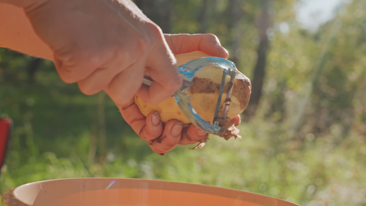 Preparazione del cibo all'aperto. Preparazione del pasto all'aperto in un contesto naturale. Pelare le patate all'aperto nella tranquillità della natura. Finalizzare la preparazione del pasto con patate fresche in un ambiente forestale sereno