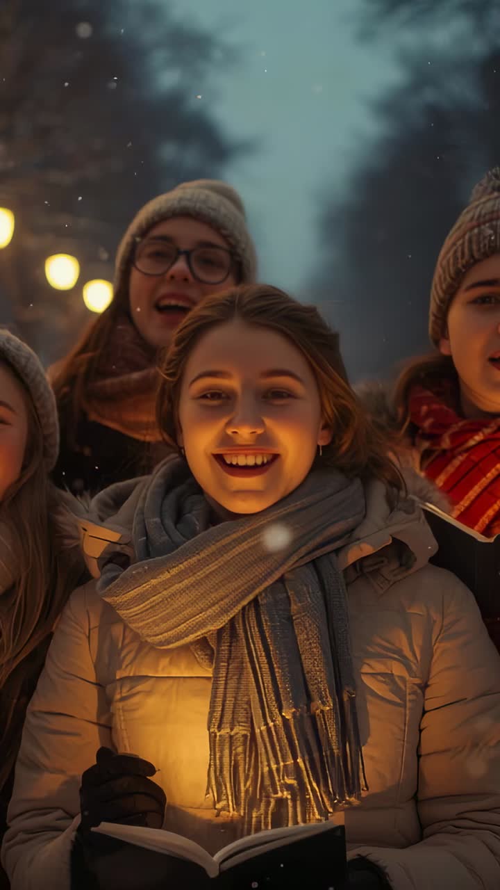 Vertical video: Responding to hymn book candle, caroling women in coats, hats singing on dusk path