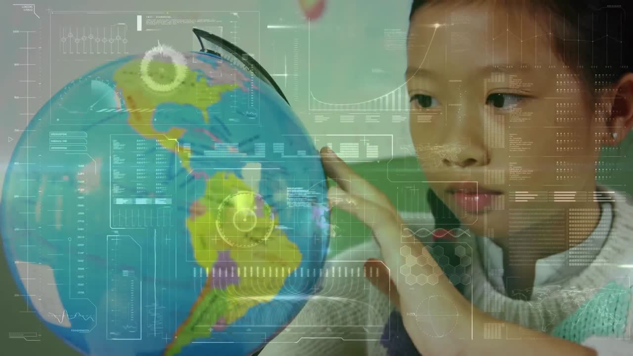 수업에서 지구를 보는 여학생에 대한 데이터 처리 애니메이션