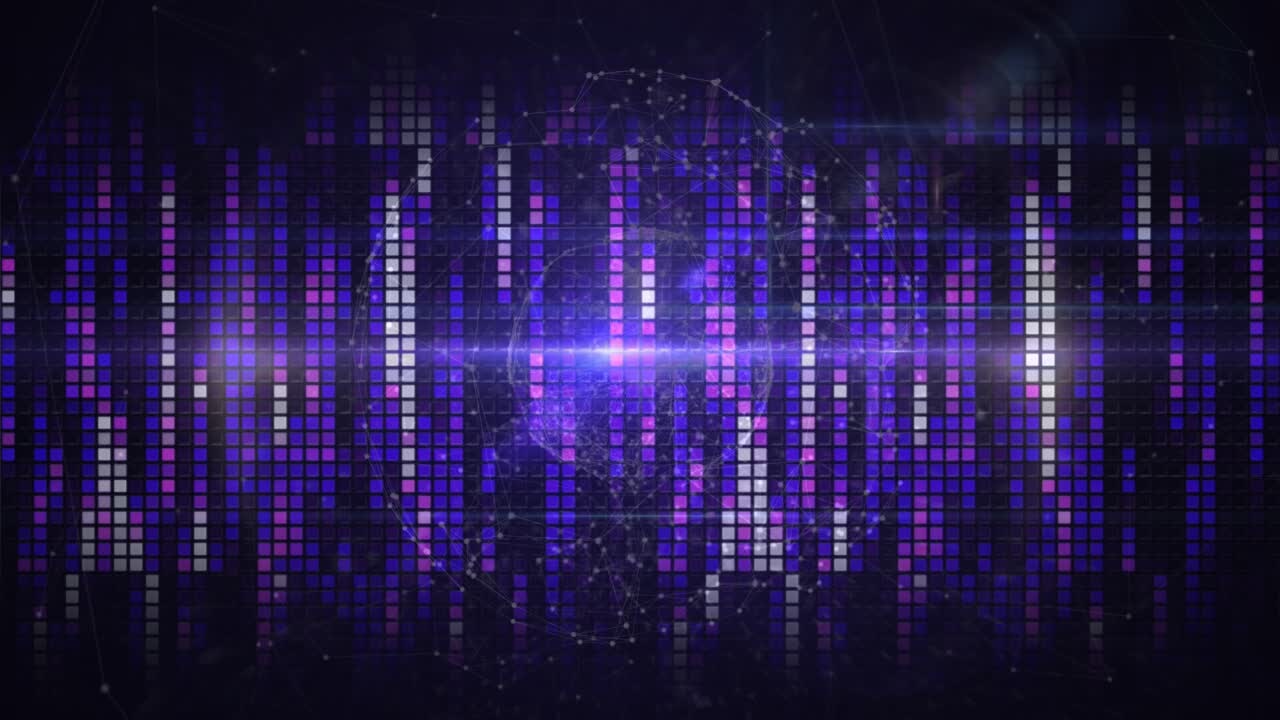 Central vertical grid pulsing after flare glowing, visualizing music beats with rotating ring