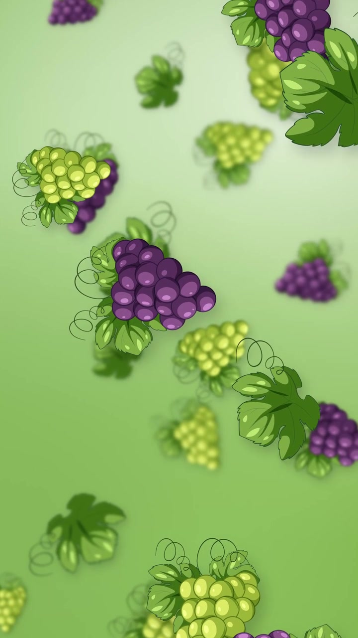Grappoli d'uva stilizzati verdi e viola che cadono verticalmente su uno sfondo sfumato di verde tenue.