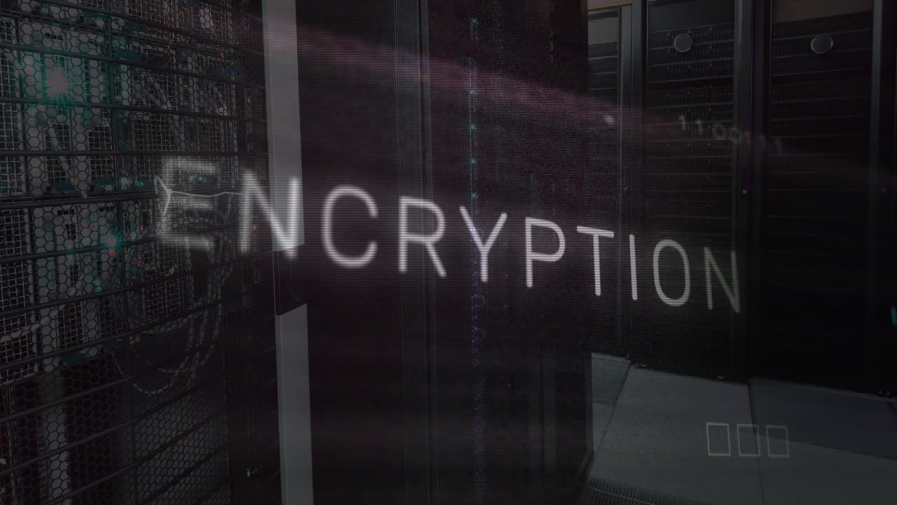 Animation of encryption text, binary codes, circuit board pattern over server room