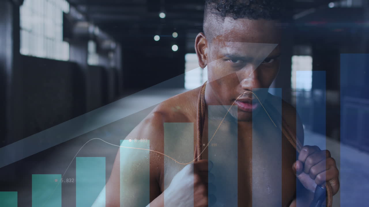 Animation of statistics and graphs over man holding rope in an abandoned building