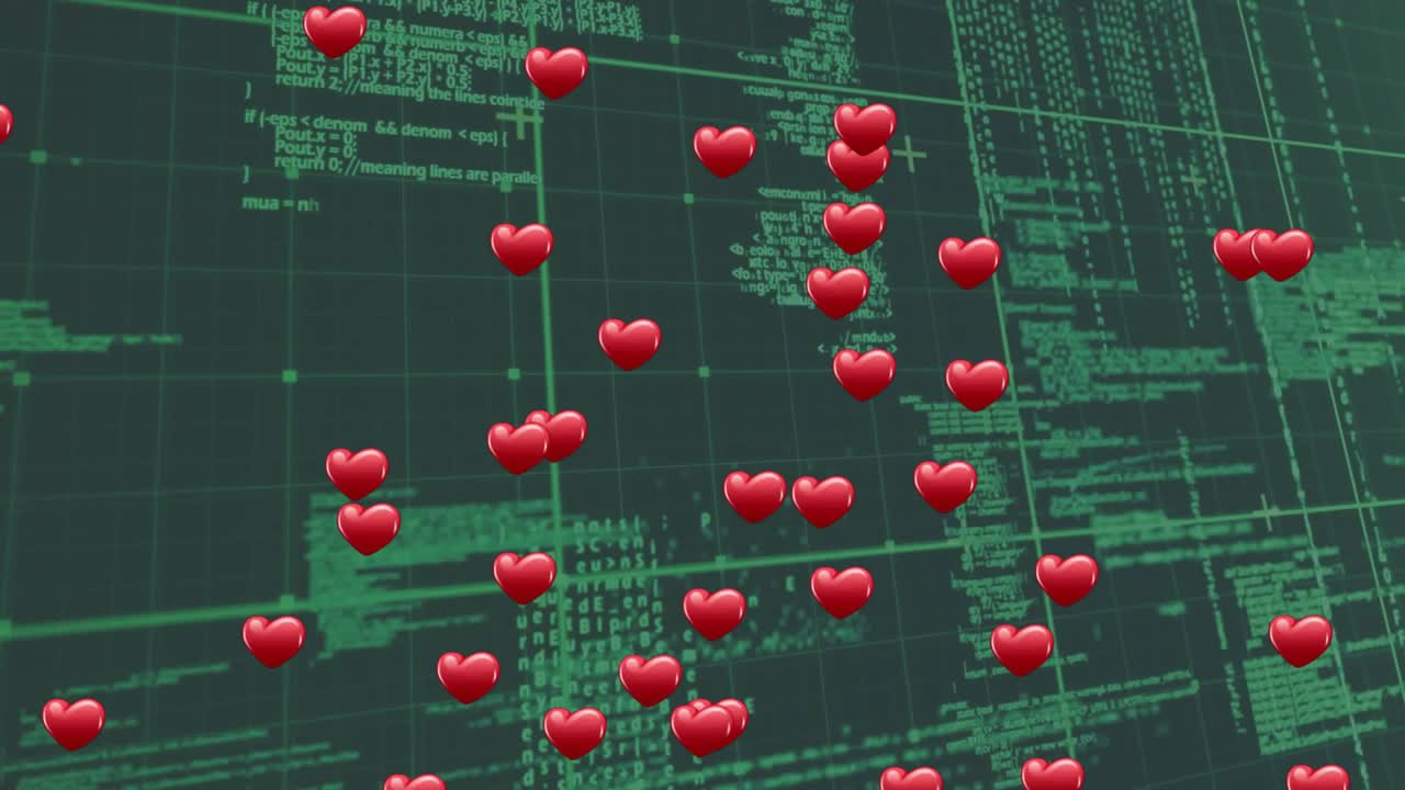 While code scrolling over green grid, floating 3D red hearts drifting down, filling center area
