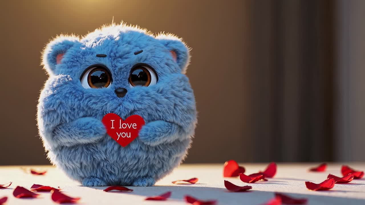Adorable blue fluffy character holding a red heart with the inscription i love you, surrounded by rose petals, expresses love and affection
