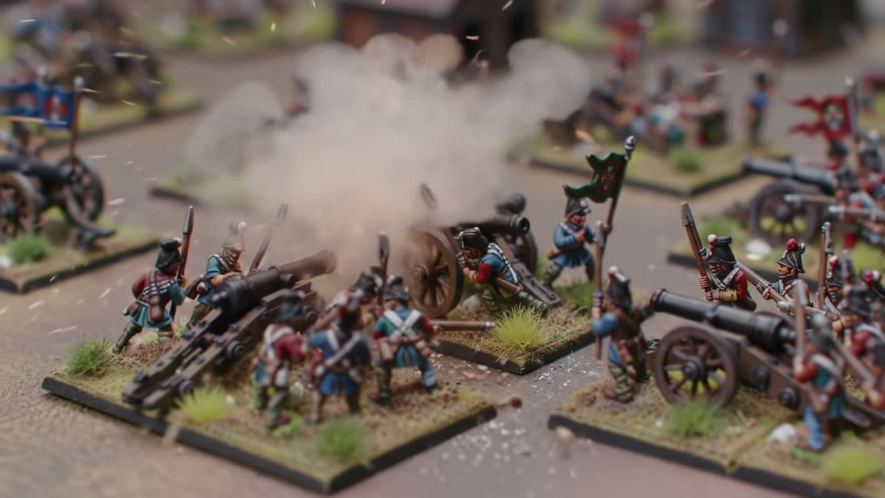 A Detailed Look at a Miniature Battlefield Scene Featuring Artillery and Infantry Engaged in Strategy, with Dynamic Action and Historical Representation Captured in Two Frames