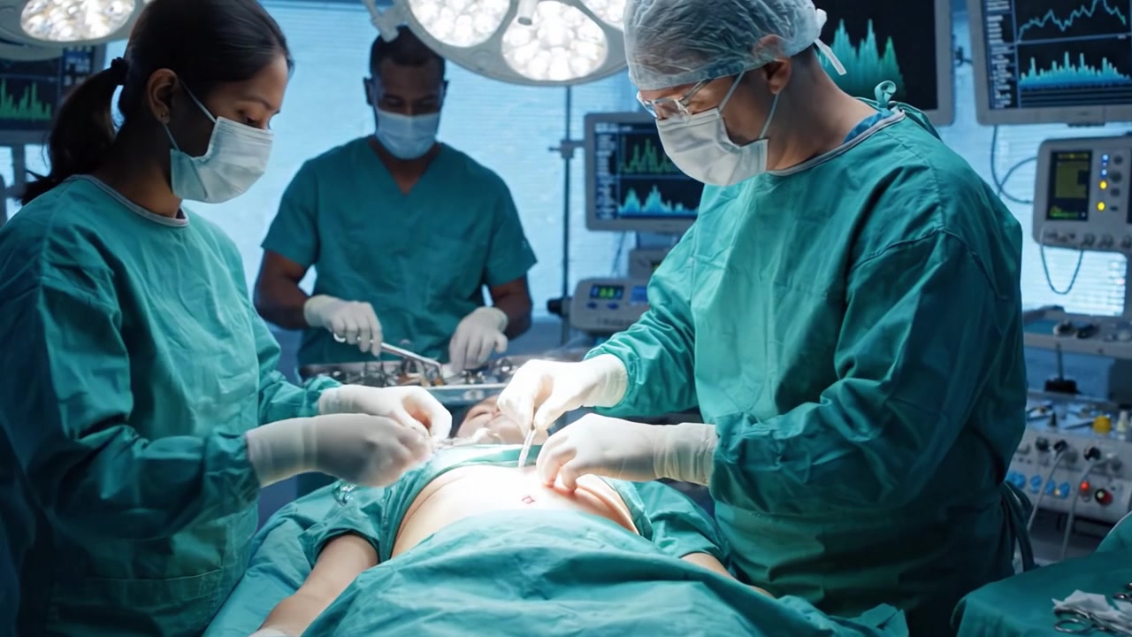Et team af sundhedspersonale udfører en kirurgisk procedure på en højteknologisk operationsstue med avanceret udstyr og fokuseret opmærksomhed på patientpleje