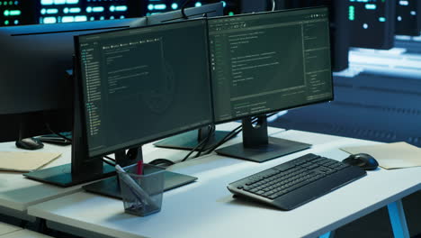 pantallas de computadora en el escritorio en el centro de servidores avanzados