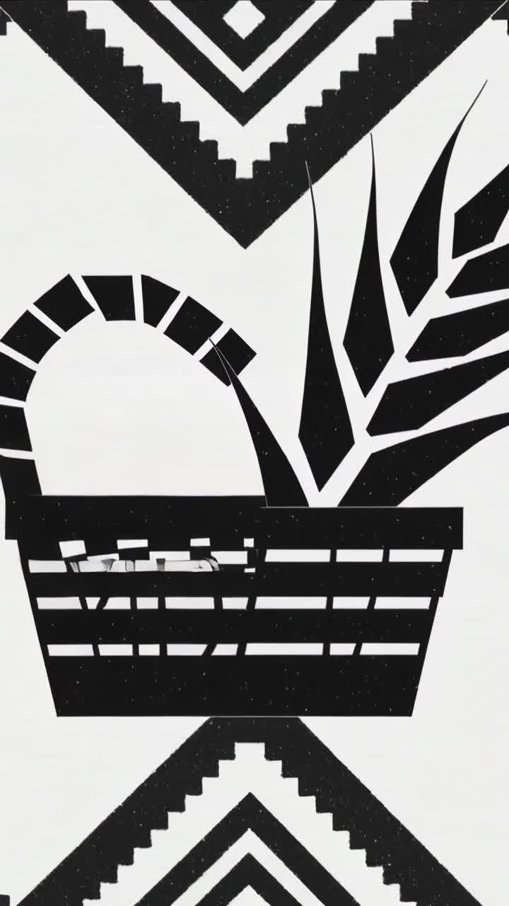 Vertical video: Vertical reveal camera revealing checkerboard basket, handle and leaf on white wall