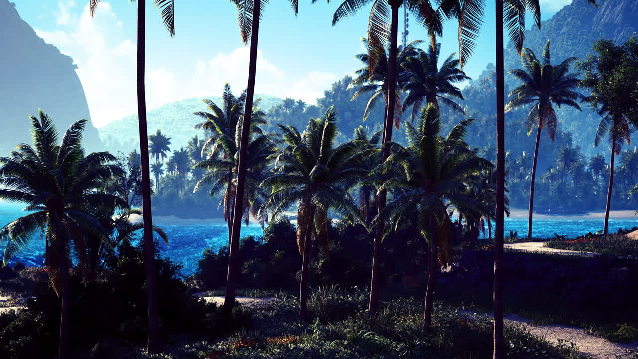 Tropical paradise with palm trees and ocean view at a serene beach