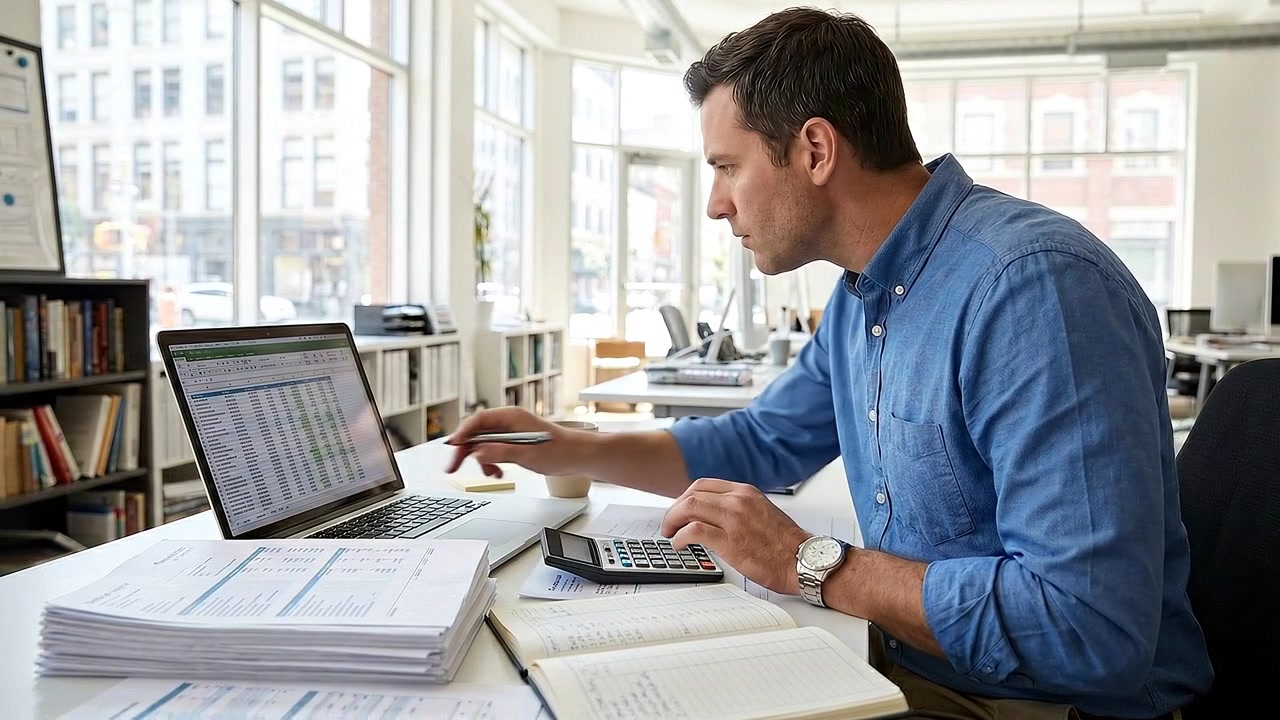 Contador profesional trabajando con datos financieros en una oficina moderna
