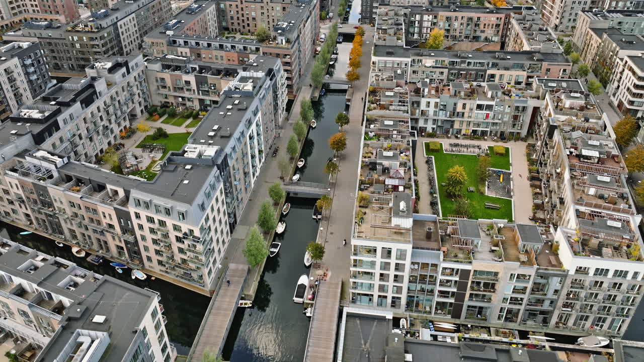 Aerial drone view of the Teglholmen peninsula in the South Harbour of Copenhagen, Denmark