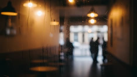 Misty Café Ambiance: Illuminated Indoor Setting through a Wet Window with Silhouettes of People in the Distance, Creating a Warm, Inviting Atmosphere