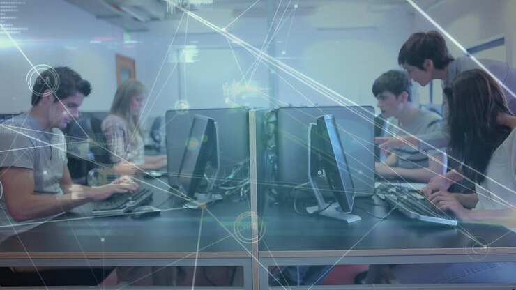 Animation of students sitting by desks over a web of connections, data processing in the background.