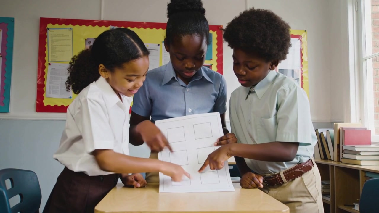 Holding sheet, center wearing uniform steadying, pupils tracing boxes, clapping at desk confirming