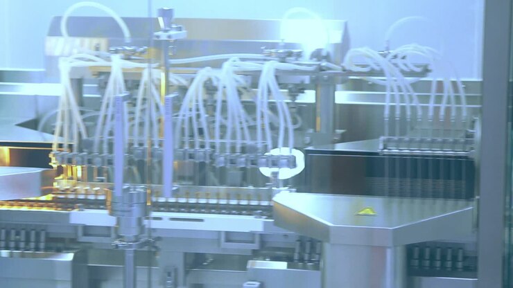 Pharmaceutical manufacturing machine at factory. Drugs manufacturing line