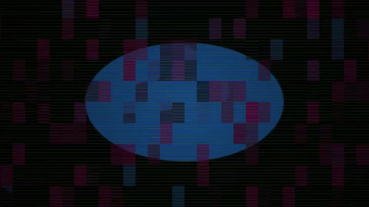 Abstract Digital Glitch Animation with Blue Circle and Moving Pixelated Rectangles