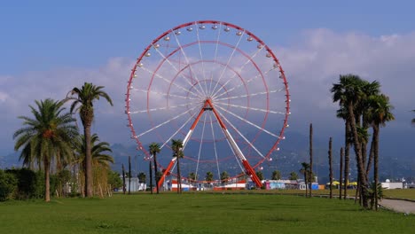 ferris wheel against the blue sky with clouds near the palm trees in the resort town, sunny day