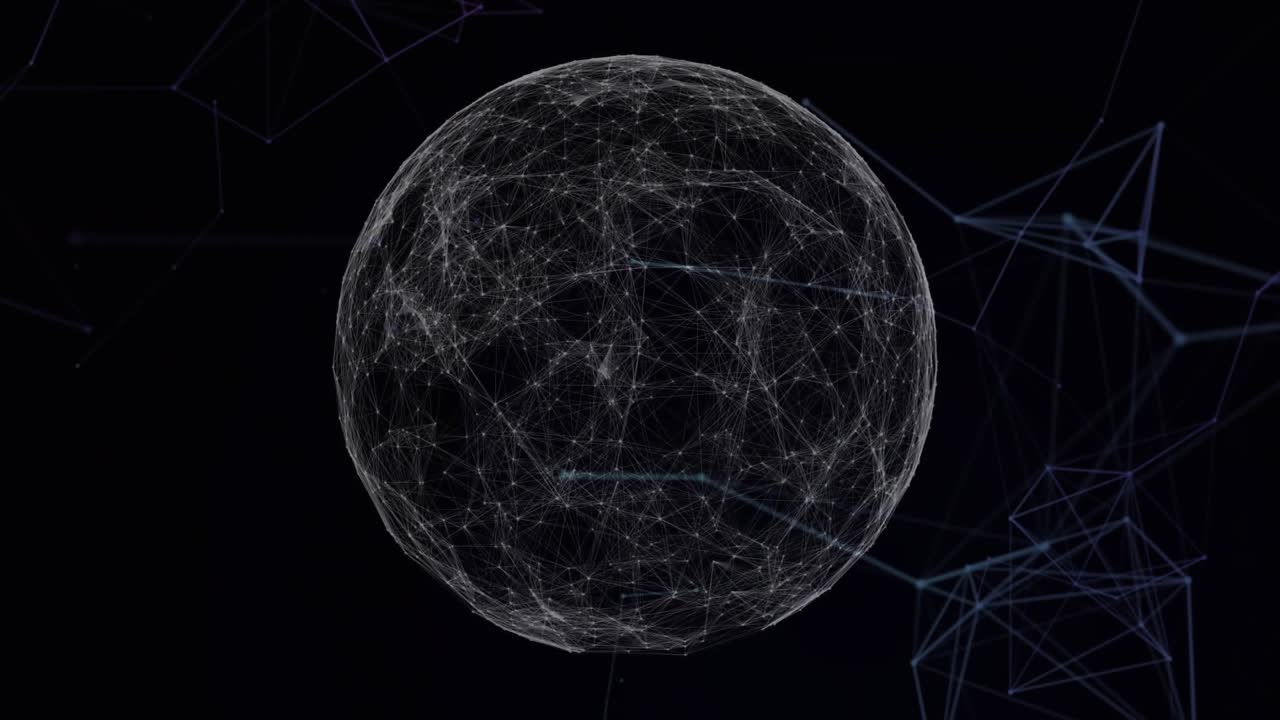 Starting sphere pulsing, wireframe sphere spawning nodes, polygon clusters toward dark void