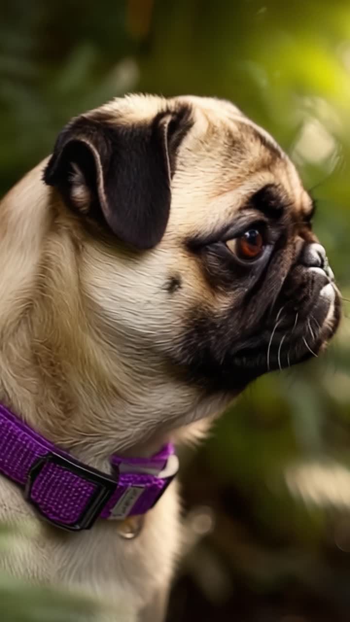 A Close-Up of an Adorable Pug with Distinctive Features Captured in Nature, Showcasing Its Playful Mannerisms and Expressive Eyes Amidst a Lush Green Background