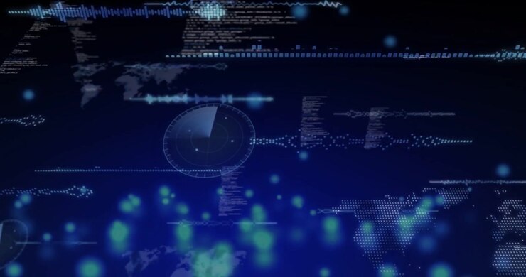 Vertikal video: Datafelt mottar strøm, danner HUD med pulserende noder, radar for analyse