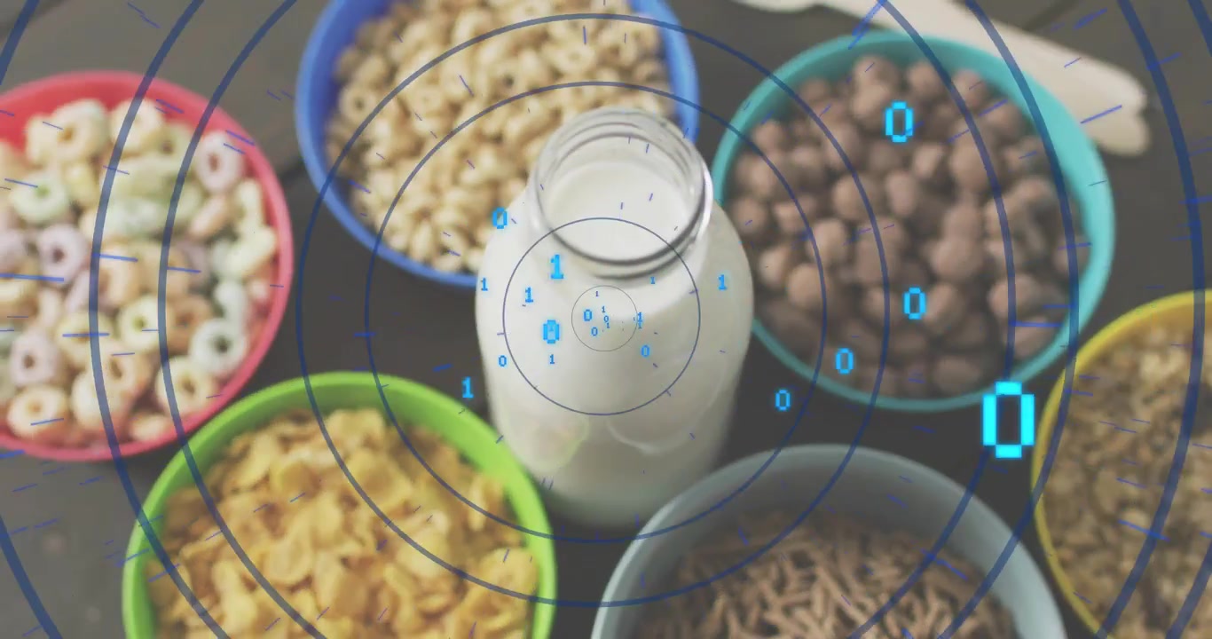 Cereali assortiti per la colazione e latte con sovrapposizione di dati digitali
