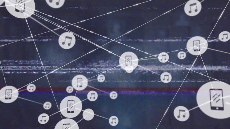 Animation of tv static effect over network of digital icons against world map on blue background