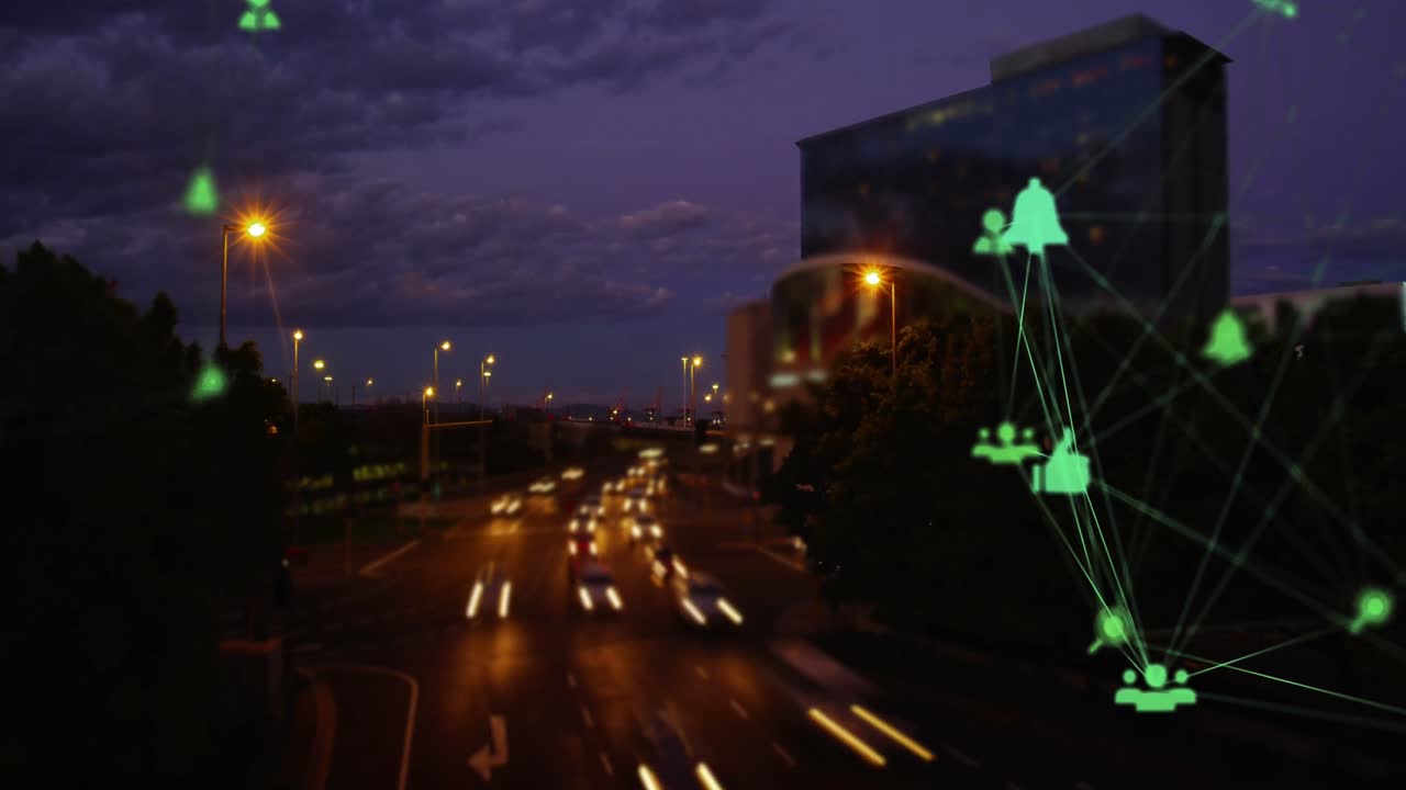 도시 풍경 위의 연결 네트워크와 아이콘의 애니메이션