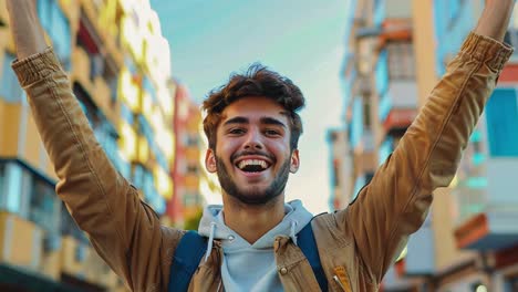 smiling young man in a vibrant city street