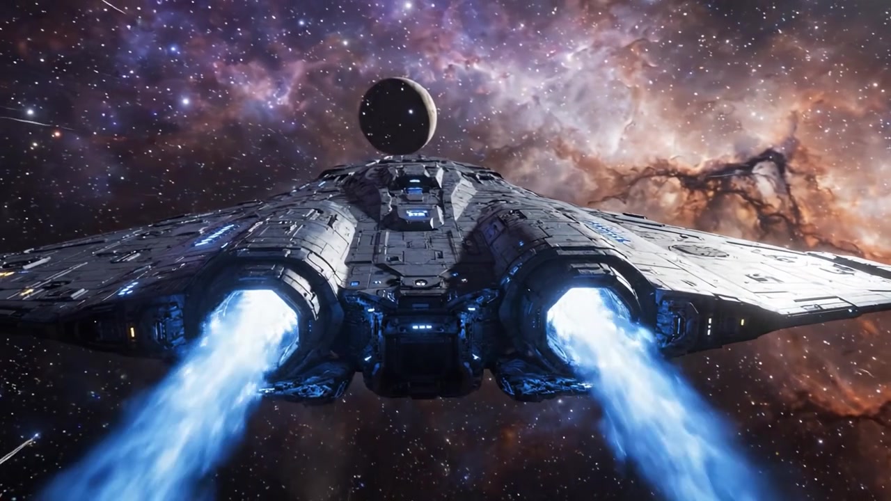 Una navicella spaziale mozzafiato si propelle attraverso l'espansione cosmica, lasciando una scia di fiamme blu in mezzo a una nebulosa vibrante e corpi celesti sullo sfondo.