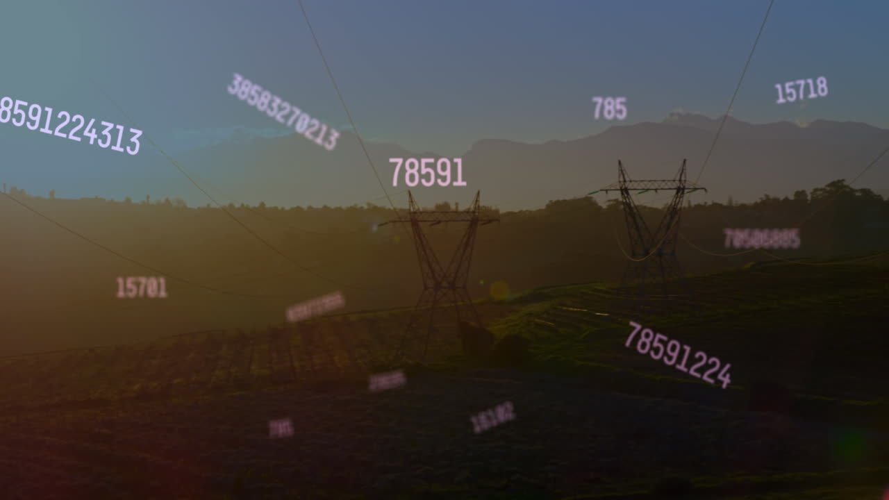 Animation of financial data processing and changing numbers against network towers on grasslands