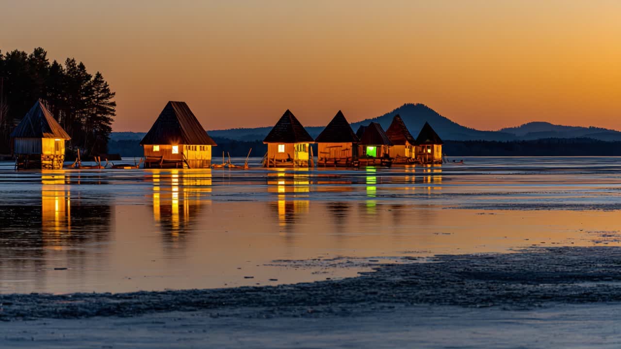 A Tranquil Scene of Illuminated Cabins Reflecting on the Serene Water at Dusk, Capturing the Essence of Nature's Beauty and Peacefulness in a Stunning Landscape